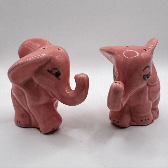 Vtg 1950’s Japan Pottery PINK ELEPHANT Trunk Up Good Luck Salt & Pepper Shakers - Picture 3 of 7